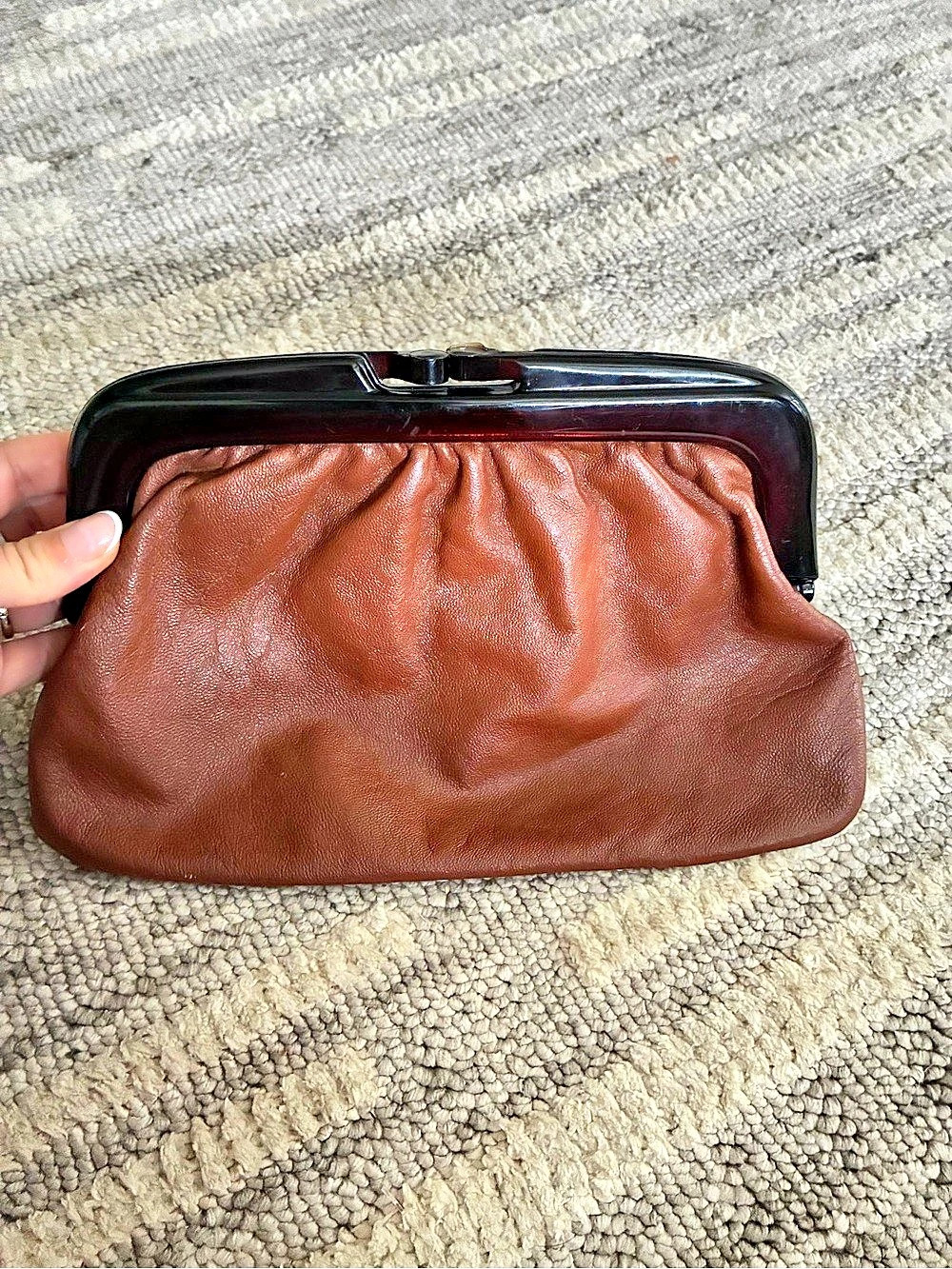Genuine Leathwe Brown & Black Lock Clutch